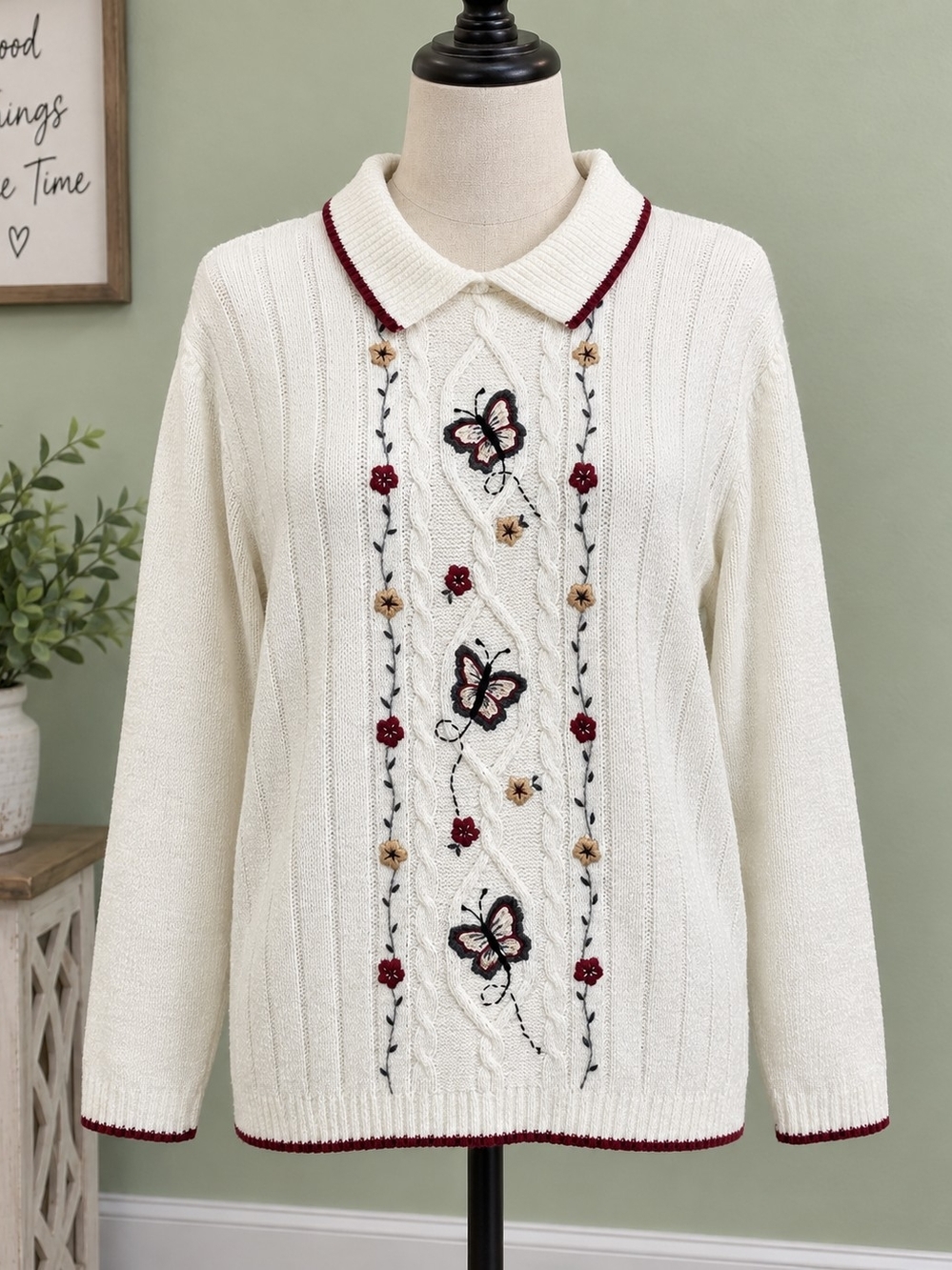 Vintage Alfred Dunner Women’s L Ivory Butterfly Embroidered Cable Knit Sweater
